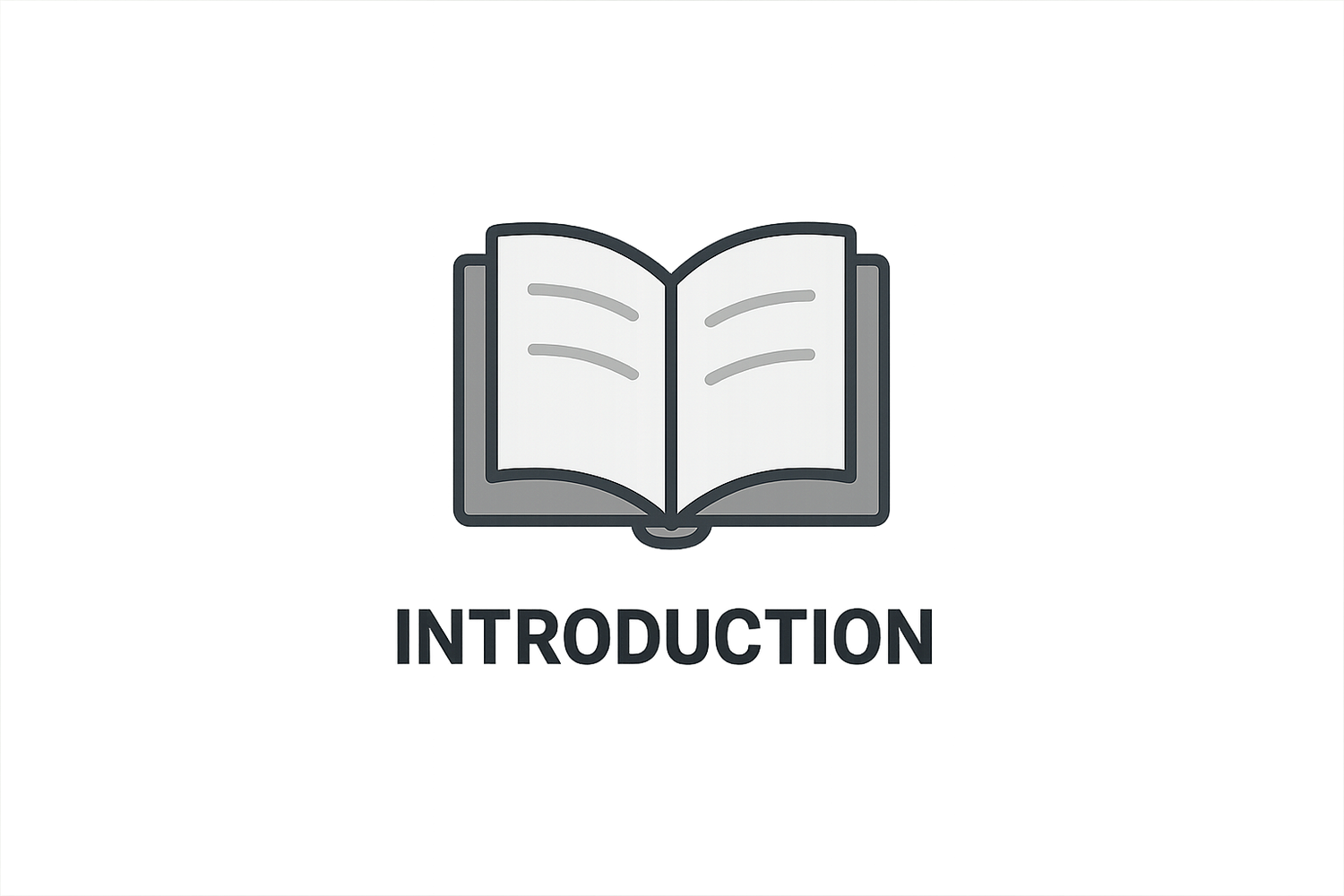Illustration vectorielle plus petite d'un livre ouvert à couverture grise avec le mot "INTRODUCTION" en police Roboto Bold en dessous, sans encadrement mais avec des marges de 50px tout autour